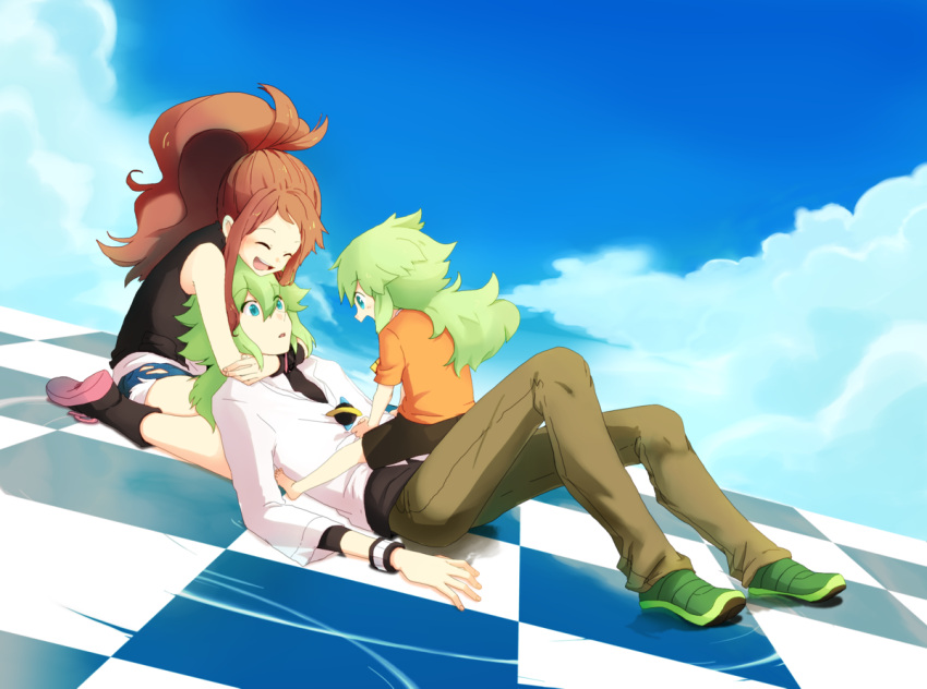 ^_^, aqua_eyes, bad_id, brown_hair, checkered, checkered_floor, child, closed_eyes, dual_persona, green_hair, head_on_lap, hug, lap_pillow, laying, long_hair, lying, n_(pokemon), open_mouth, pokemon, pokemon_(game), pokemon_black_and_white, pokemon_bw, ponytail, sekka_koyori, sitting, smile, time_paradox, touko_(pokemon), white_(pokemon), young