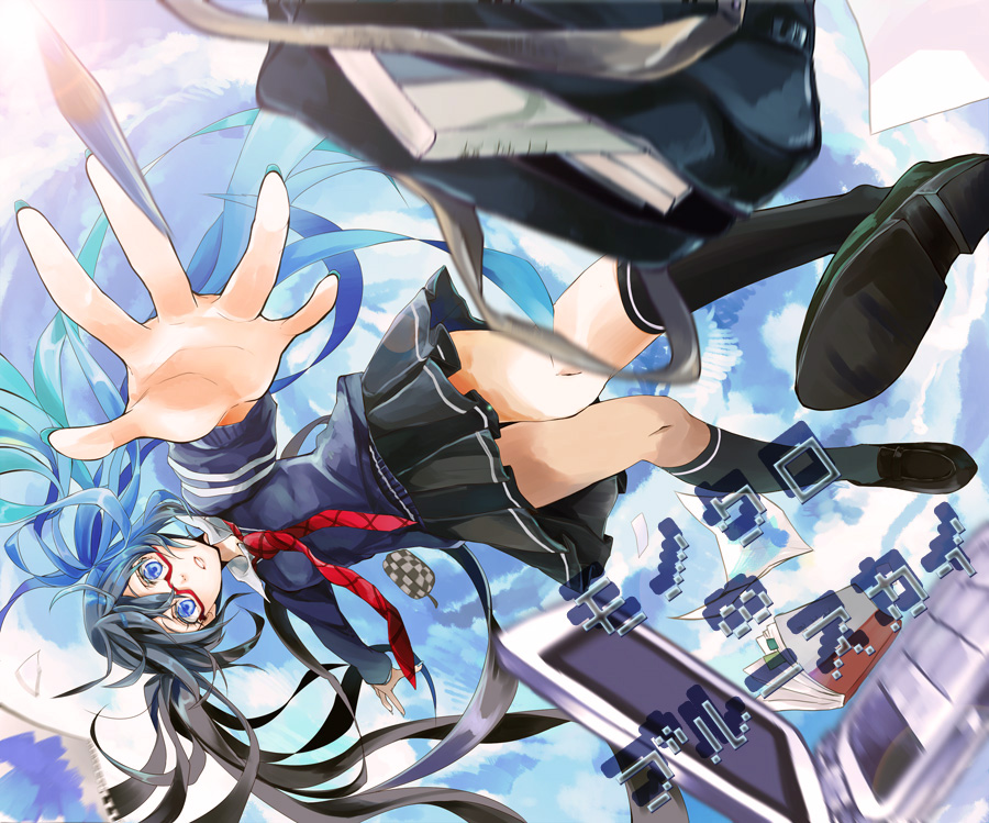 aqua_eyes, aqua_hair, bag, black_hair, cellphone, cloud, falling, footwear