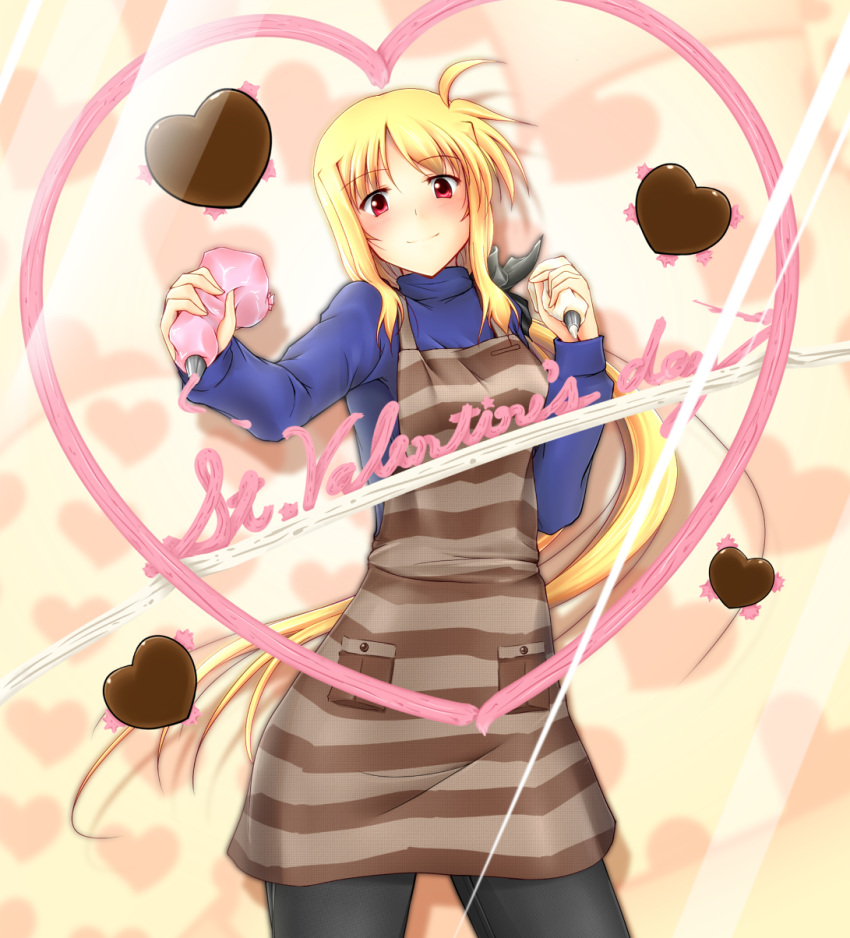 apron, blonde_hair, blush, chocolate, fate_testarossa, heart, highres, long_hair