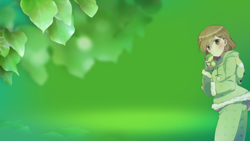 a_certain_scientific_railgun, animals, blurry, green, kagaku, leaves, mikoto, misaka, pajamas, sleepy, stuffed, toaru_kagaku_no_railgun