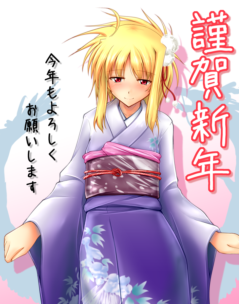alternate_hairstyle, blonde_hair, blush, fate_testarossa, female, hair_ornament, hair_up, japanese_clothes