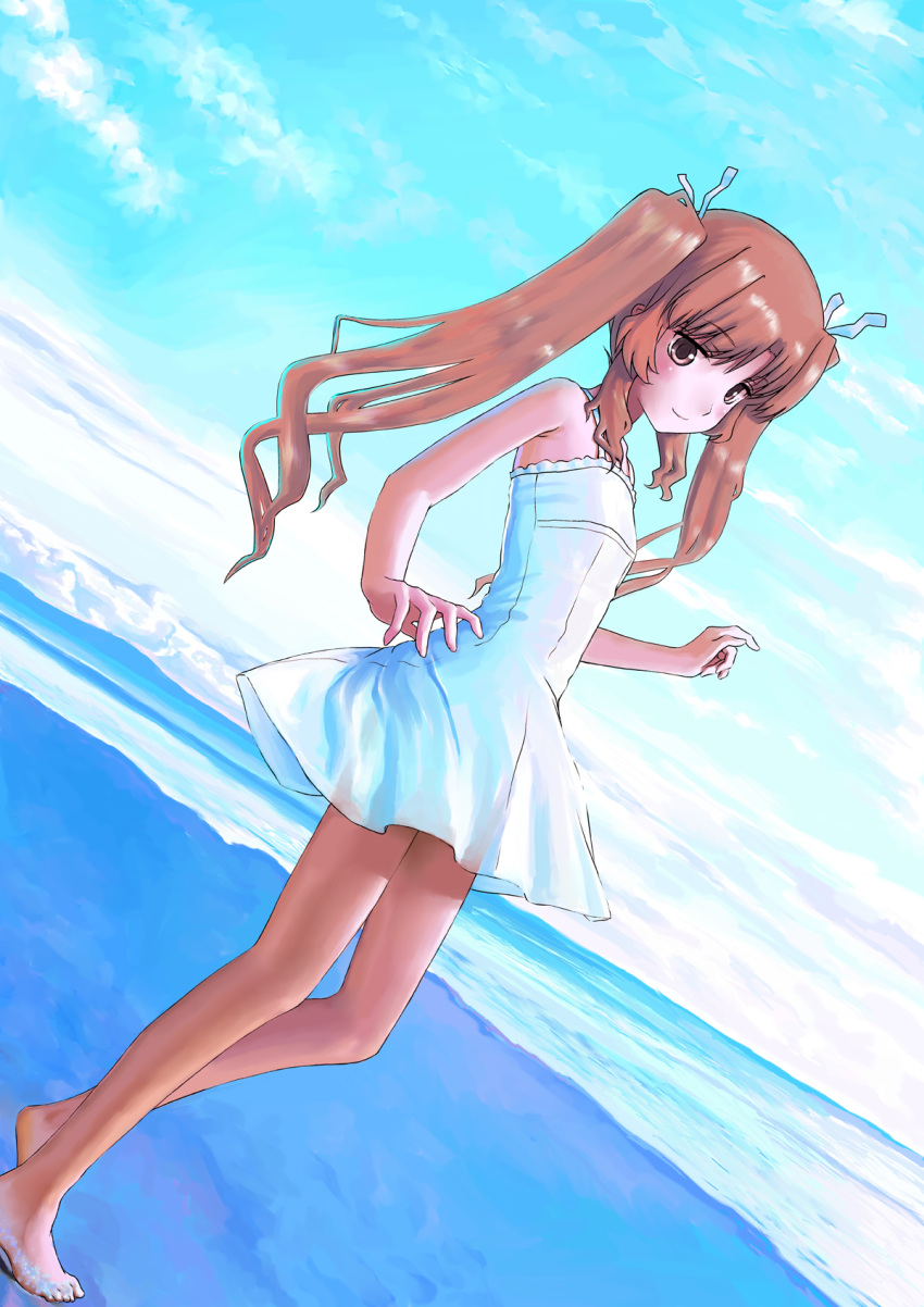 ano_natsu_de_matteru, bare_legs, bare_shoulders, barefoot, beach, blue_sky, brown_eyes, brown_hair