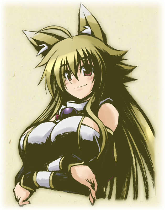 ahoge, animal_ears, bangs, bare_shoulders, blonde_hair, blush, breast_hold, breasts, bust, crossed_arms, detached_sleeves, fox_ears, hirosue_(pixiv), izuna_(shinrabanshou), large_breasts, long_hair, red_eyes, shinrabanshou, smile, solo, very_long_hair