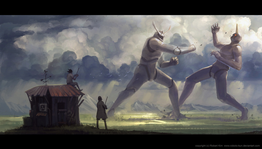 cloud, copyright_request, fighting, horizon, house, light_ray, mecha, mountain