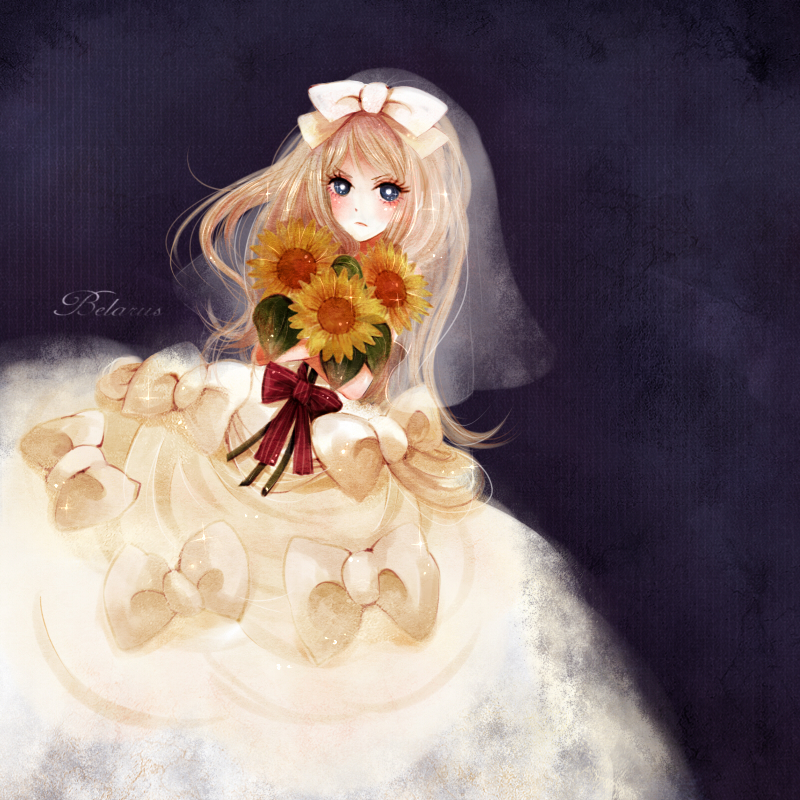 belarus_(hetalia), blonde_hair, blue_eyes, bow, bridal_veil, bride, dress, flower