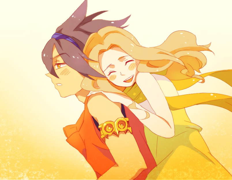 1boy, 1girl, 2boys, ana_gram, blonde_hair, blush, brown_hair, closed_eyes
