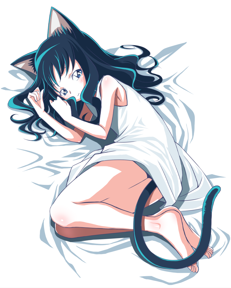 animal_ears, barefoot, blue_eyes, blue_hair, cat_ears, cat_tail, dress, feet, heartcatch_precure!, kemonomimi_mode, kurumi_erika, long_hair, mahkn, on_side, precure, solo, tail, white_background, white_dress