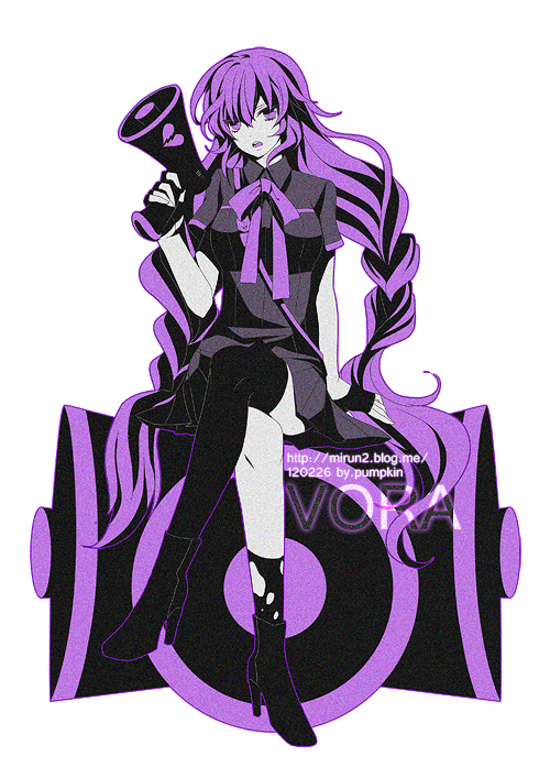arm_support, black_gloves, black_legwear, boots, braid, character_name, crossed_legs, fingerless_gloves, footwear, gloves, grainy, high_heels, hobak, holding, koi_wa_sensou_(vocaloid), legs_crossed, long_hair, looking_at_viewer, megaphone, mismatched_legwear, neck_ribbon, open_mouth, purple, purple_eyes, purple_hair, ribbon, shoes, simple_background, single_thighhigh, sitting, skirt, socks, solo, text, thigh-highs, thighhighs, torn_legwear, twin_braids, violet_eyes, vocalina, vocaloid, vora, white_background, zettai_ryouiki