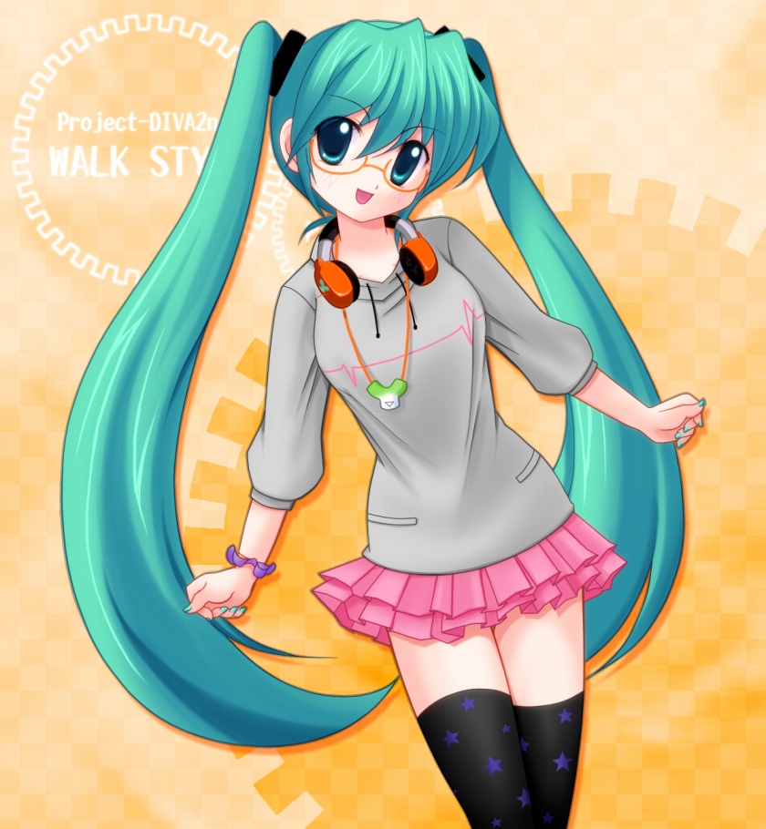 1girl, aoya_(hoshixii), aqua_eyes, aqua_hair, hatsune_miku, headphones, headphones_around_neck, jewelry, long_hair, necklace, osanpo_style, project_diva, project_diva_(series), project_diva_2nd, skirt, solo, thigh-highs, thighhighs, twintails, very_long_hair, vocaloid