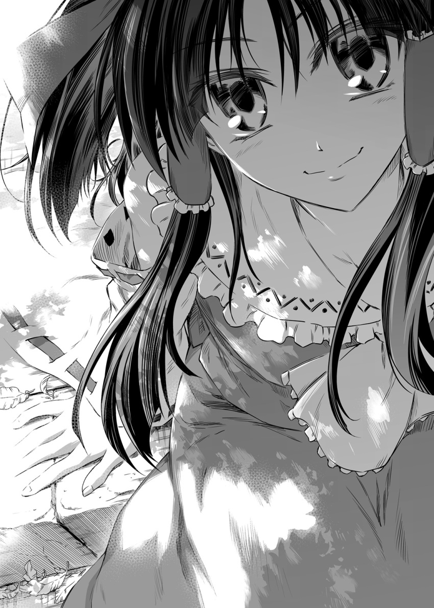 detached_sleeves, hakurei_reimu, highres, hiroyama_hiroshi, leaf, madamu_nyuudou, monochrome, sitting