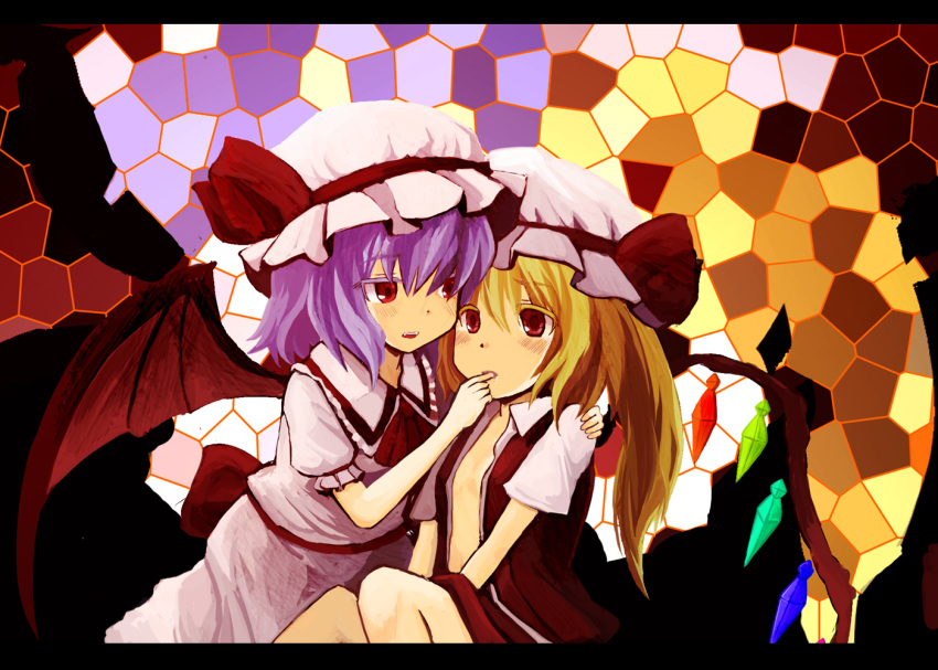 bad_id, blonde_hair, finger_in_mouth, flandre_scarlet, hat, incest, mugi_(banban53), multiple_girls