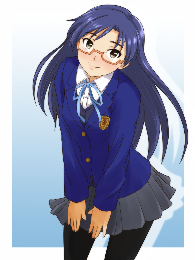 blue_hair, blush, brown_eyes, face, glasses, idolmaster, kisaragi_chihaya, long_hair, minato-13, minato_kazumi, pantyhose, pleated_skirt, ribbon, school_uniform, skirt, smile