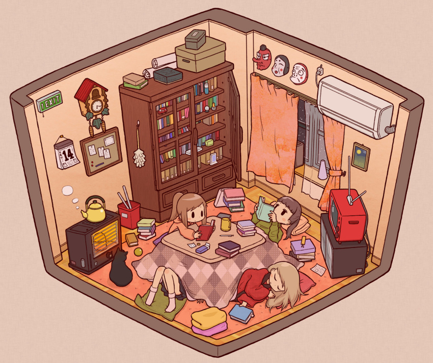 air_conditioner, argyle, black_cat, black_eyes, blonde_hair, blush_stickers, book, bookshelf, box, brown_hair, bulletin_board, calendar_(object), cat, clock, closed_eyes, cup, curtains, diode, diode_(0_division), exit_sign, eyes_closed, feather_duster, highres, hoodie, isometric, kettle, kotatsu, long_hair, lying, mask, mug, multiple_girls, no_shoes, on_back, on_side, open_book, original, pencil, ponytail, reading, room, rug, sitting, skirt, sleeping, snowing, socks, stove, sweater, table, television, trash_can, trashcan, window