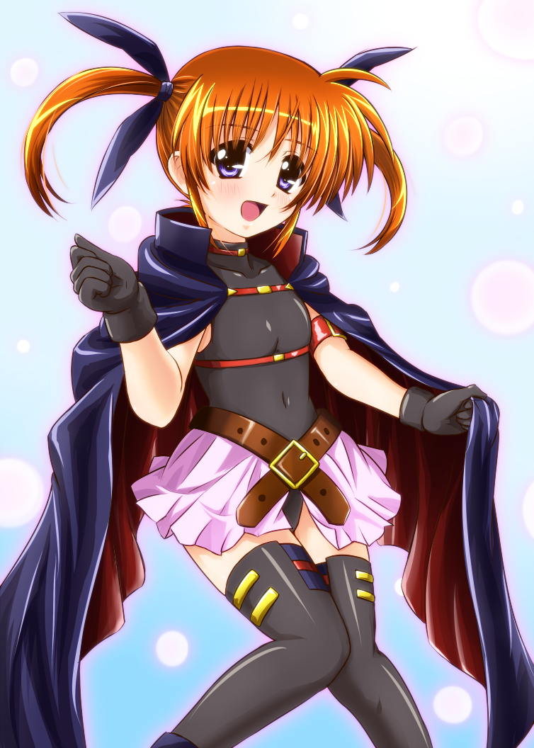 belt, black_gloves, black_legwear, blush, brown_hair, cape, cosplay, diesel
