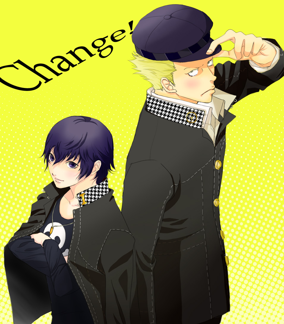blazer, blonde_hair, blue_hair, blush, cabbie_hat, cosplay, crossed_arms, disco_volante