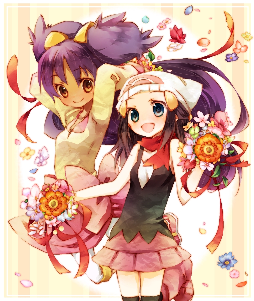 2girls, amamiya_kabosu, arms_up, beanie, black_hair, blue_eyes, bouquet, brown_eyes
