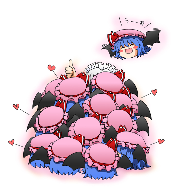 ^_^, bat_wings, blush_stickers, closed_eyes, flying, hat, heart, izayoi_sakuya