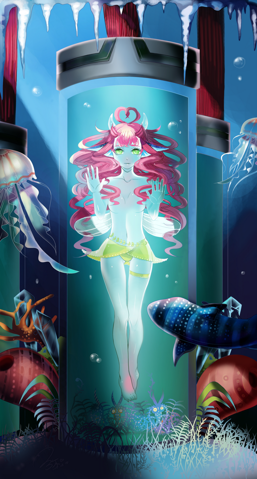 against_glass, fish, green_eyes, highres, horns, icicle, jellyfish, long_hair