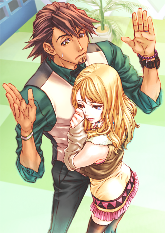 1girl, arms_up, bare_shoulders, blonde_hair, bracelet, brown_eyes, brown_hair, detached_sleeves
