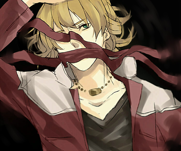 barnaby_brooks_jr, blonde_hair, green_eyes, jacket, jewelry, male, mmff06, necklace, no_glasses, one_eye_covered, red_jacket, ribbon, solo, tiger_&amp;_bunny