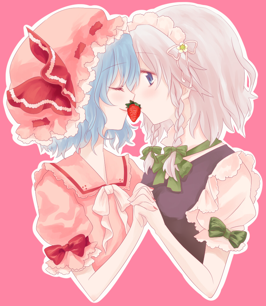 bow, bust, food, fruit, hand_holding, holding_hands, interlocked_fingers, izayoi_sakuya