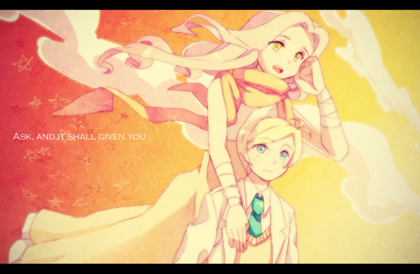 1boy, 1girl, adjusting_hair, ana_gram, bandages, blonde_hair, blue_eyes, cubic_galois