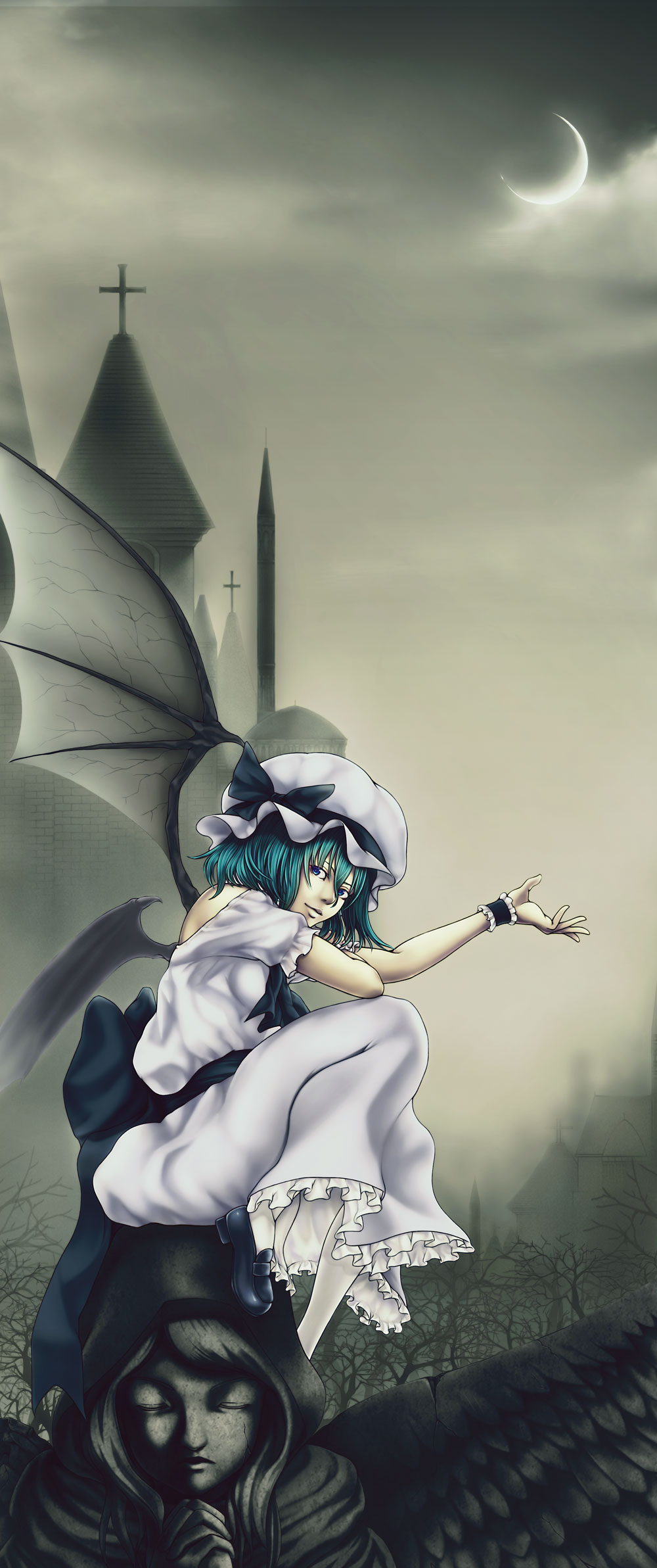 alternate_color, alternate_eye_color, alternate_hair_color, bare_tree, bat_wings, blue_eyes, blue_hair, church, crescent_moon, cross, enmatime, highres, looking_at_viewer, moon, outstretched_hand, remilia_scarlet, sculpture, short_hair, short_sleeves, sky, solo, touhou, tower, tree, veins, wings, wrist_cuffs