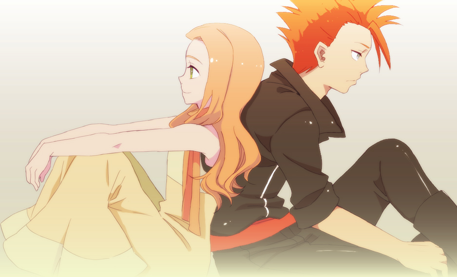 1boy, 1girl, 2boys, ana_gram, brown_hair, grey_eyes, long_hair, multiple_boys
