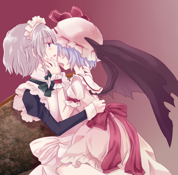 biting, hat, hug, izayoi_sakuya, multiple_girls, open_mouth, remilia_scarlet, rias-shiki_kawaii, short_hair, touhou, wrist_cuffs, yuri