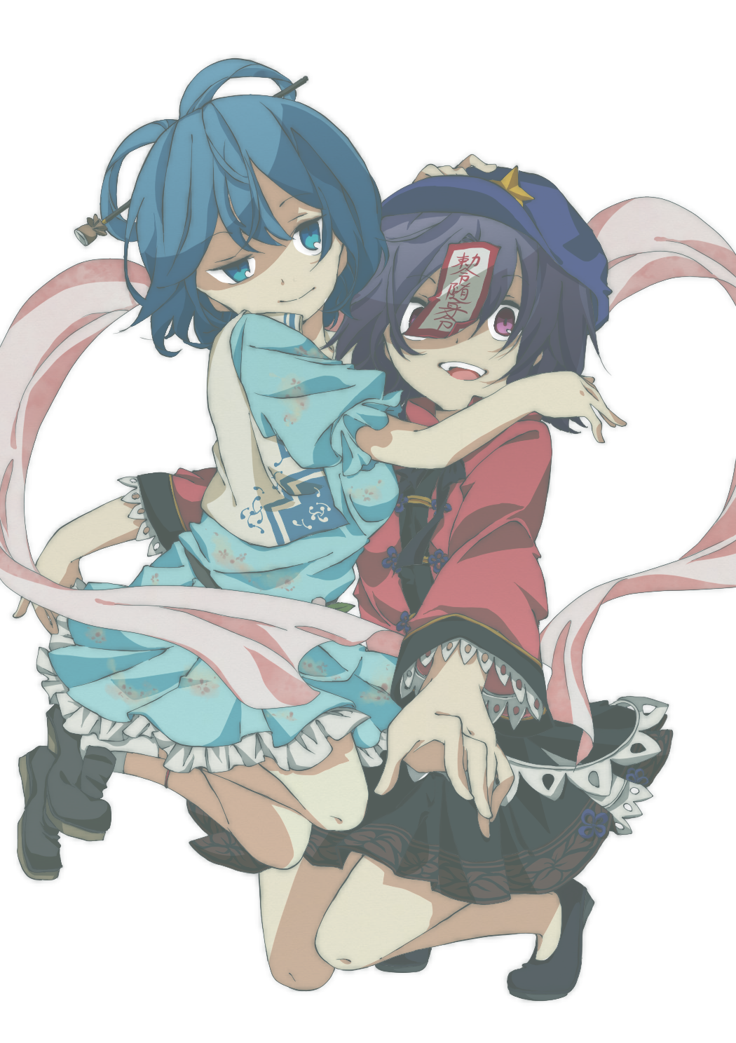 beret, blue_eyes, blue_hair, curse_seal, hair_rings, hair_stick, hat, henki_(orange)
