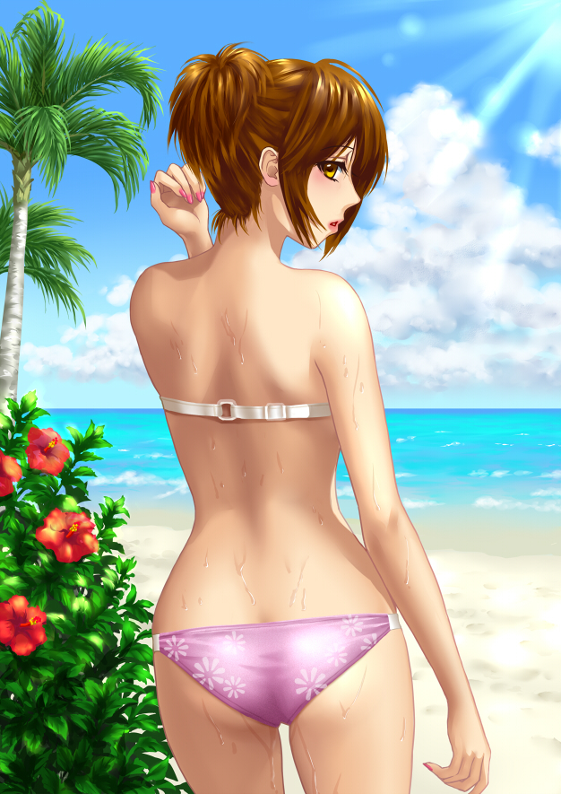 1girl, beach, bikini, brown_eyes, brown_hair, flower, from_behind, hamura_mayu