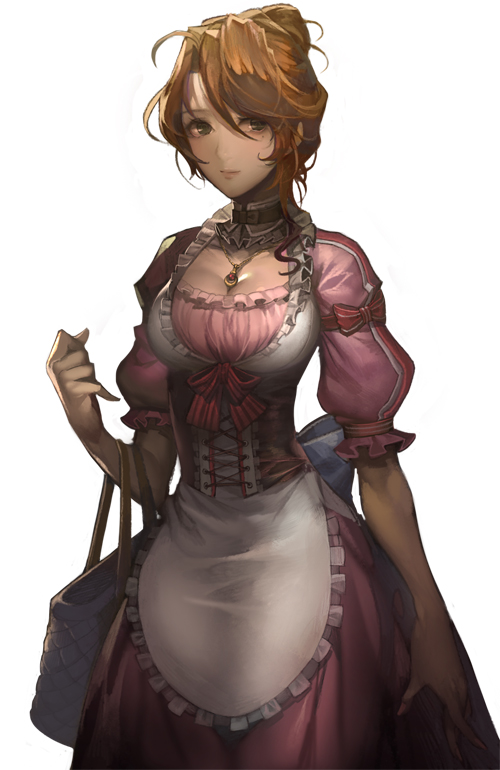 bag, bow, brown_hair, dress, green_eyes, handbag, heroes_lore_v, light_brown_hair