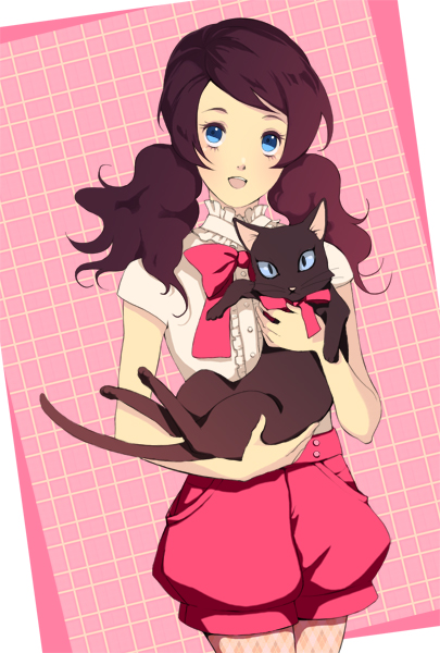 black_cat, blue_eyes, cat, houzuki_kaoru, original, ribbon, shorts, twintails