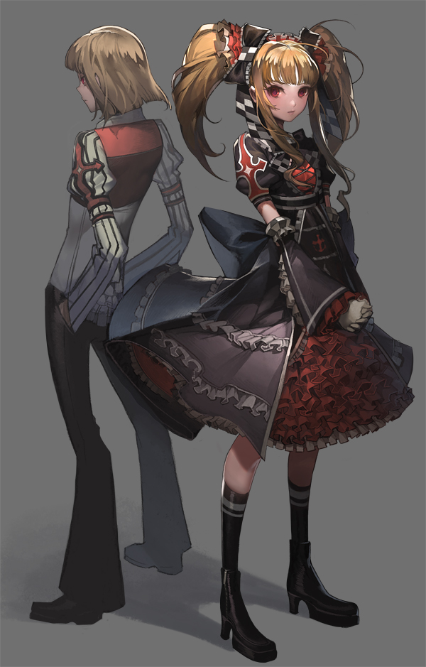 1girl, blonde_hair, bob_cut, bow, detached_sleeves, dress, frilled_skirt, frills