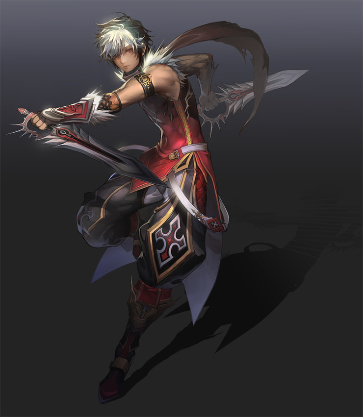 armor, bare_shoulders, boots, dual_wielding, gauntlets, heroes_lore_v, knife, male