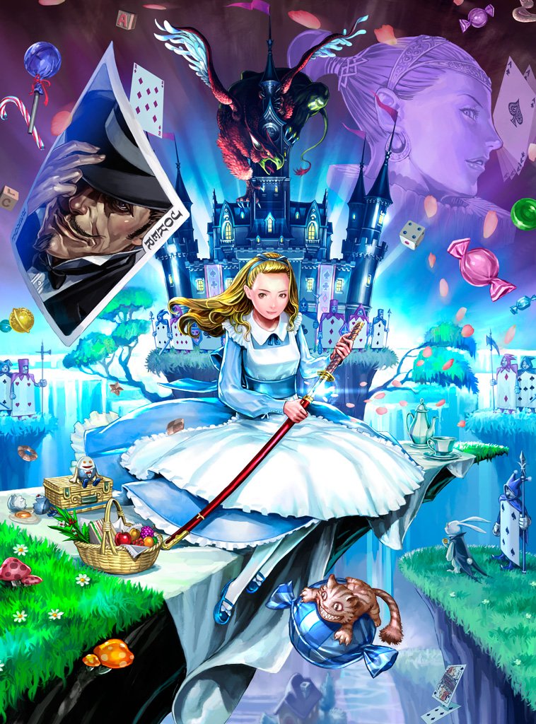 alice_in_wonderland, apple, basket, blonde_hair, blue_eyes, broken_egg, candy, candy_cane