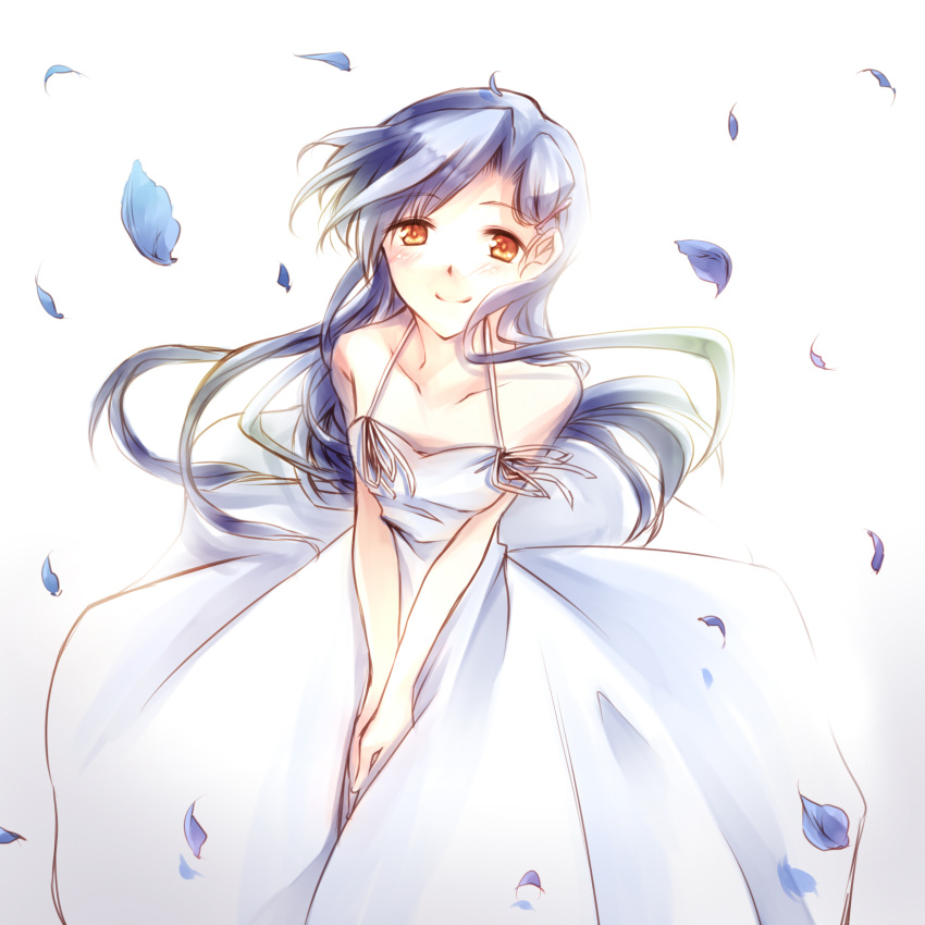 blue_hair, blush, brown_eyes, dress, flat_chest, hair_ornament, hairclip, hands_together, highres, idolmaster, kisaragi_chihaya, long_hair, petals, ribbon, smile, solo, white_dress, yurine
