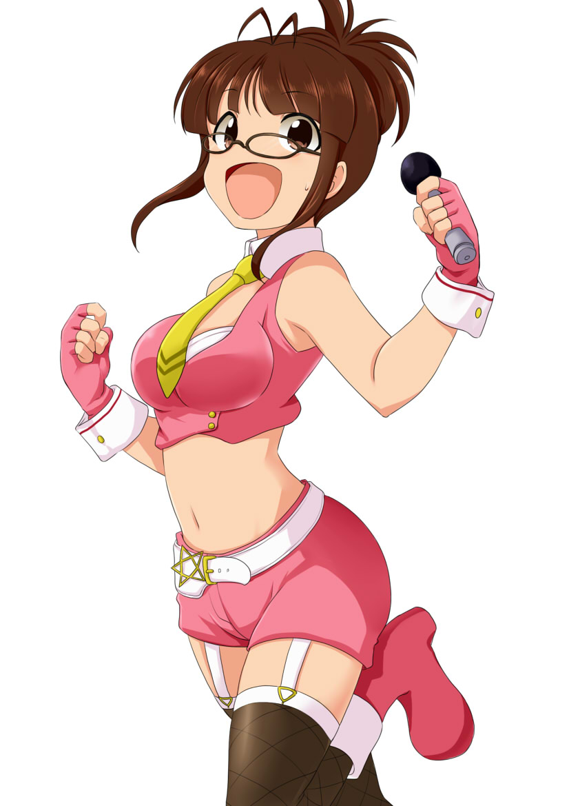 :d, akizuki_ritsuko, belt, boots, breasts, brown_eyes, brown_hair, fingerless_gloves, garter_belt, glasses, gloves, idolmaster, leg_up, microphone, midriff, navel, necktie, omuraisu_echizen, open_mouth, shorts, smile, solo, thigh-highs, thighhighs, wrist_cuffs