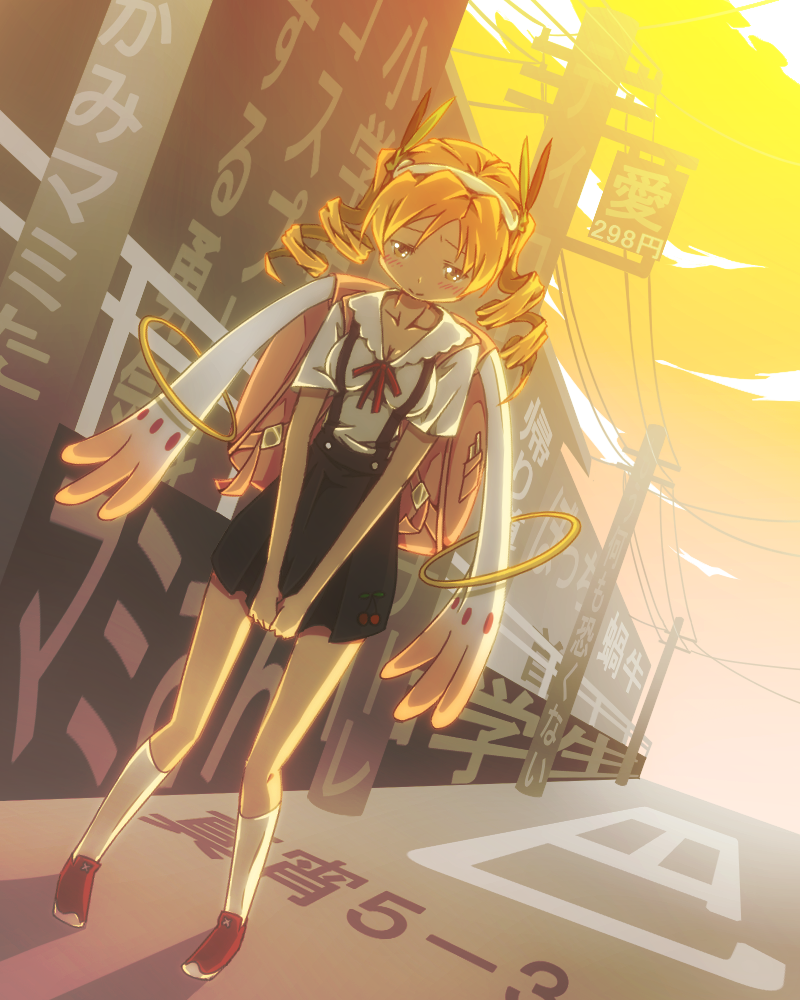 backpack, bag, bakemonogatari, blonde_hair, breasts, cleavage, company_connection, cosplay