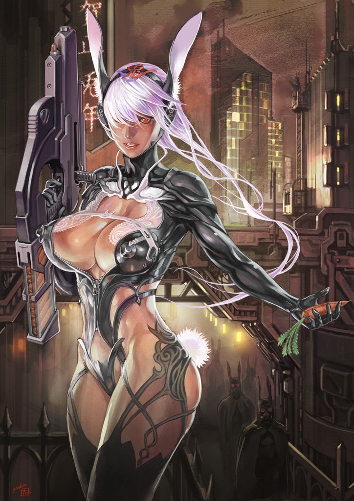 breasts, bunny_ears, bunny_tail, carrot, city, gun, large_breasts, original