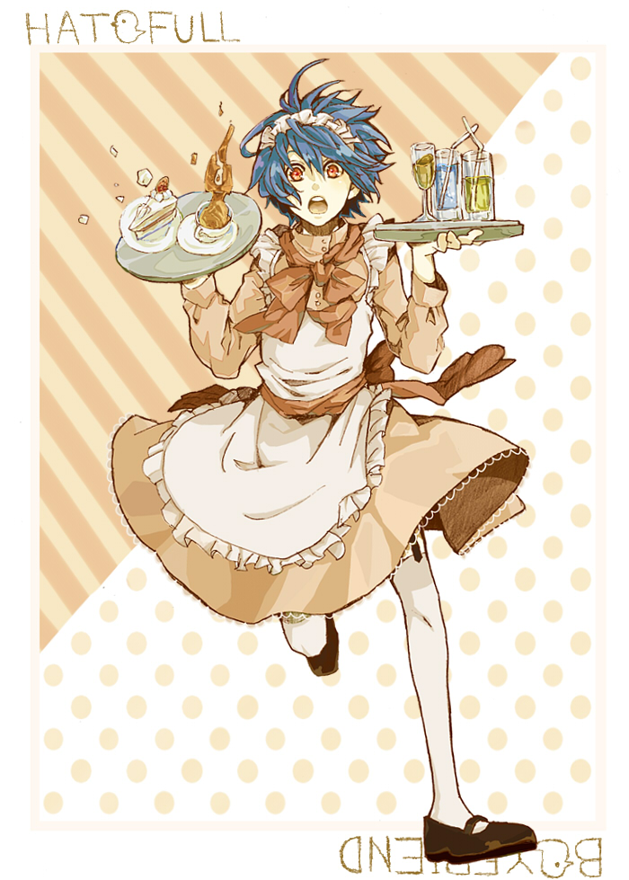 :o, apomapoko, apron, blue_hair, bow, cake, crossdressinging, drink