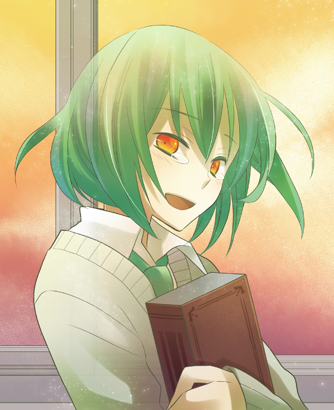 :d, book, fujishiro_nageki, green_hair, hatoful_kareshi, male, necktie, open_mouth