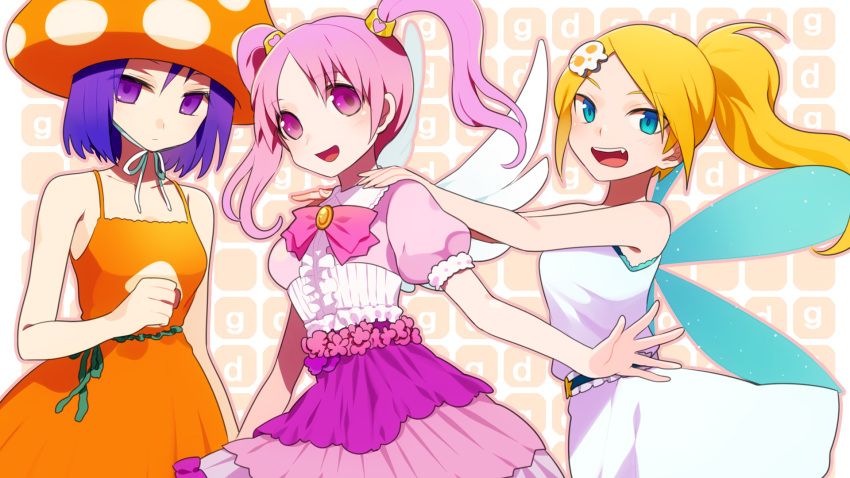 blonde_hair, blue_eyes, bow, dress, eyecatch, fang, gdgd_fairies, harano