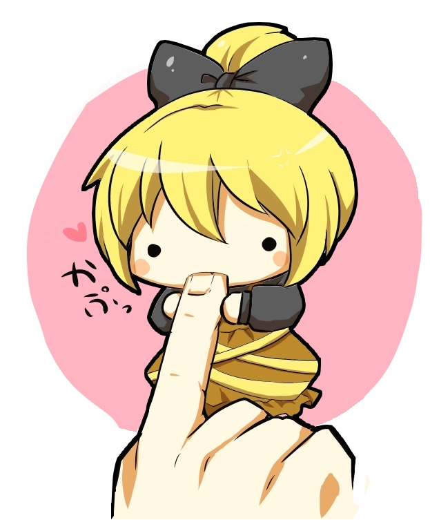 biting, blonde_hair, blush, bow, chibi, dress, finger_biting, hair_bow, kurodani_yamame, minigirl, open_mouth, ponytail, short_hair, simple_background, solid_circle_eyes, solo, sugita, touhou