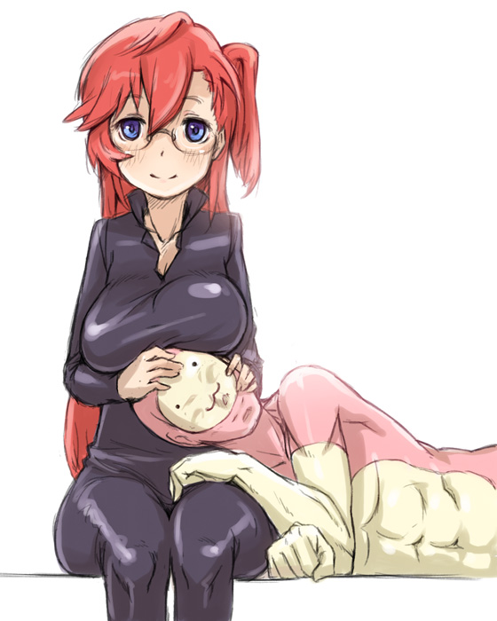 abs, ano_natsu_de_matteru, blue_eyes, bodysuit, breast_rest, breasts, breasts_on_head, cosplay, costume, glasses, large_breasts, nekomasu, receipt, red_hair, redhead, rinon_(ano_natsu_de_matteru), rinon_(ano_natsu_de_matteru)_(cosplay), sitting, smile, takatsuki_ichika