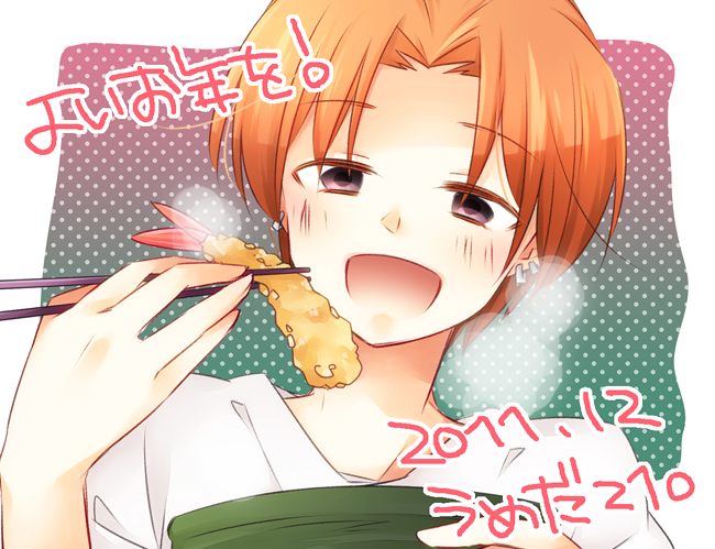 chopsticks, eating, fate/zero, fate_(series), food, hands, male, open_mouth, orange_hair, purple_eyes, shrimp, shrimp_tempura, solo, t-shirt, tempura, umeda210, uryuu_ryuunosuke, violet_eyes