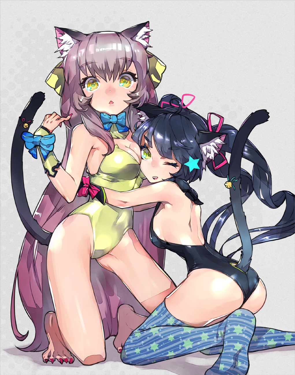 animal_ears, ass, bare_legs, bare_shoulders, bell, black_hair, blue_legwear, bowtie