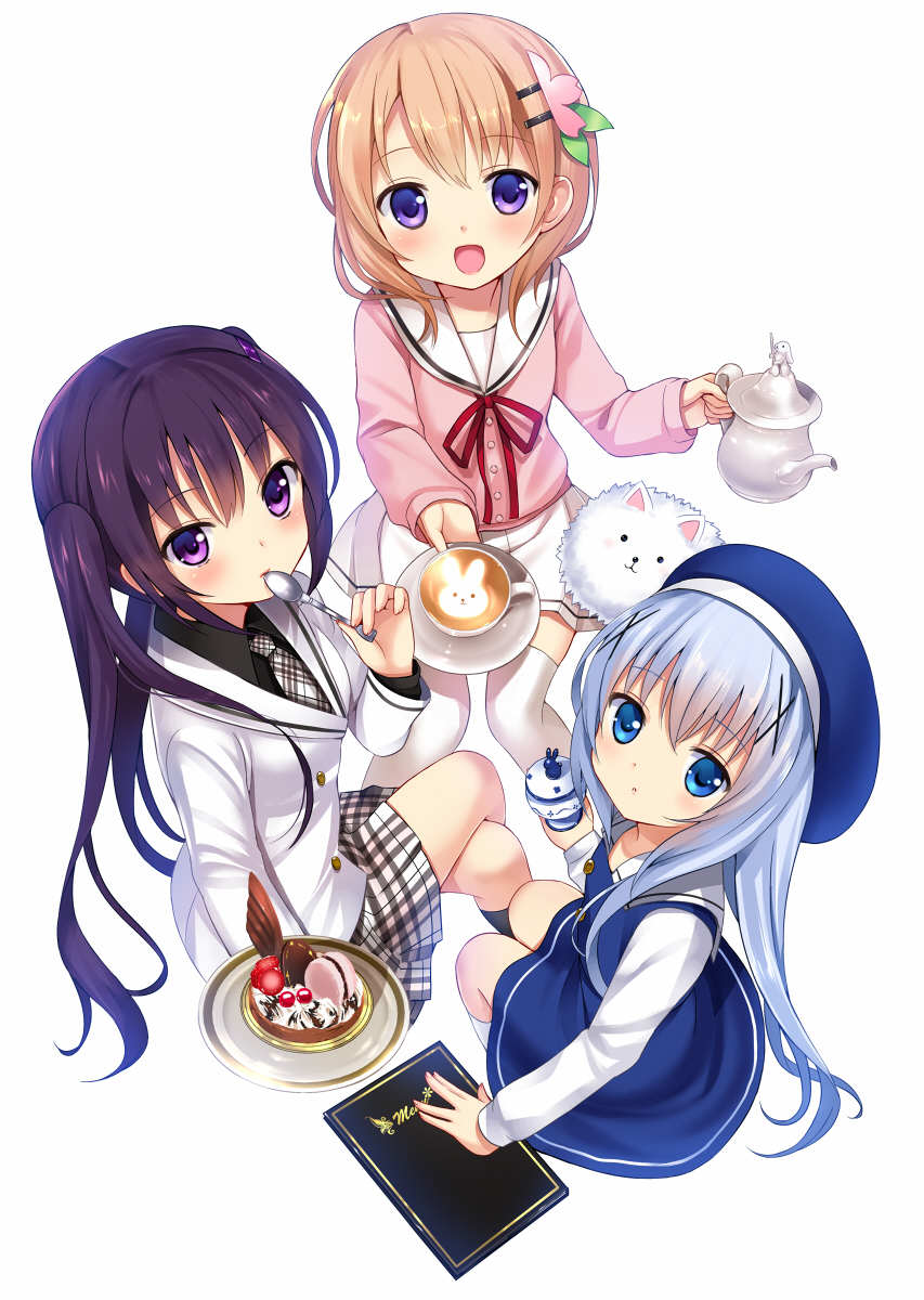 black_hair, black_legwear, blue_eyes, blue_hair, blush, brown_hair, cherry, coffee