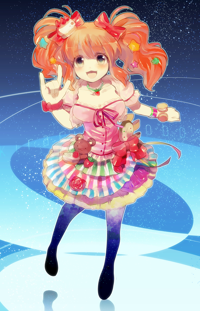 :3, :d, \m/, bow, breasts, brown_eyes, character_name, dress