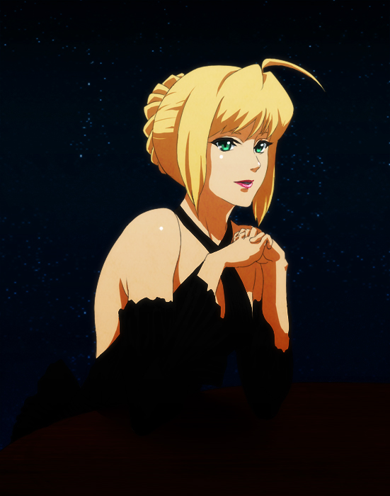 ahoge, anime_coloring, bare_shoulders, bheansidhe, blonde_hair, dress, fate/stay_night, fate_(series), green_eyes, hair_bun, lipstick, makeup, saber, solo